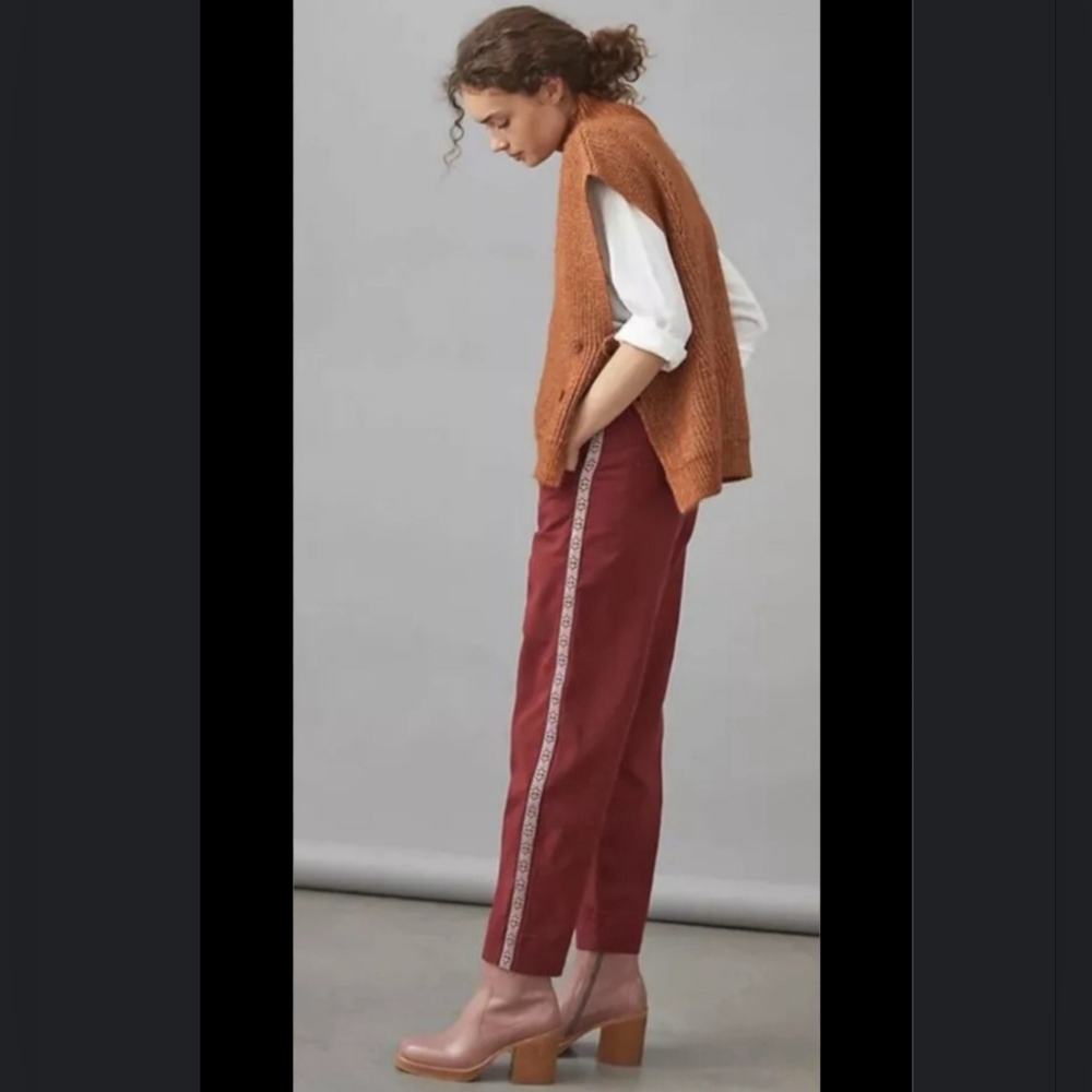 Anthropologie Art Embroidered Side Tapered Ankle Canvas Pants Sz 14 Brick Red